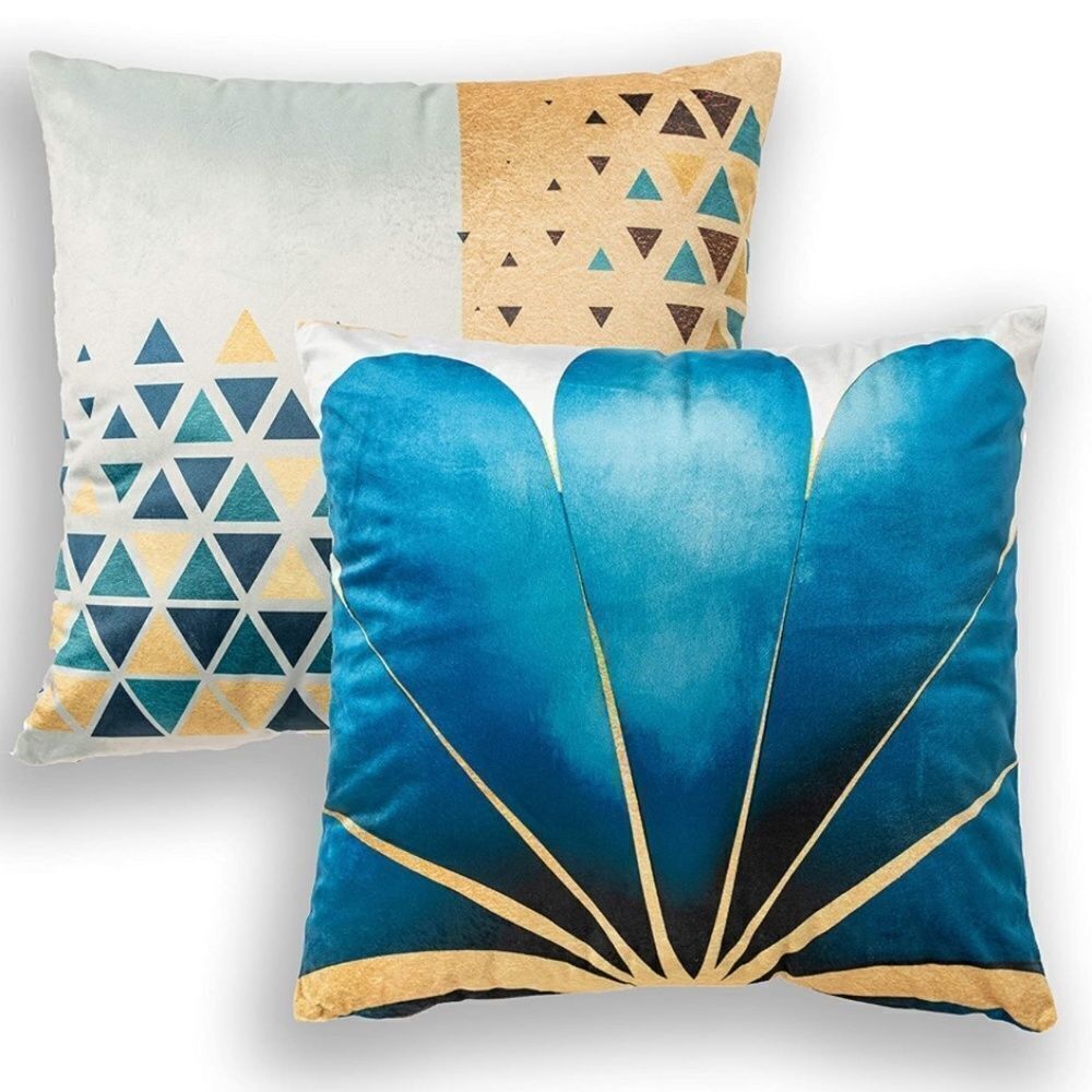Pack of 2 Velvet Accent Pillow Covers - Blue/Gold Geometric - 18x18